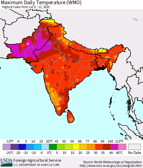 Southern Asia Extreme Maximum Temperature (WMO) Thematic Map For 7/6/2020 - 7/12/2020