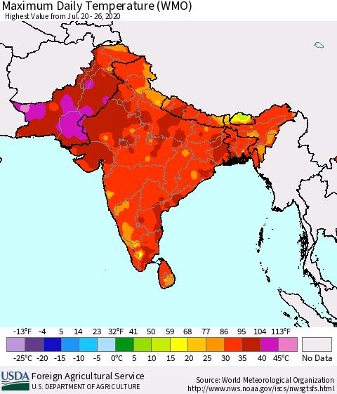 Southern Asia Extreme Maximum Temperature (WMO) Thematic Map For 7/20/2020 - 7/26/2020