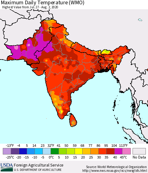 Southern Asia Maximum Daily Temperature (WMO) Thematic Map For 7/27/2020 - 8/2/2020