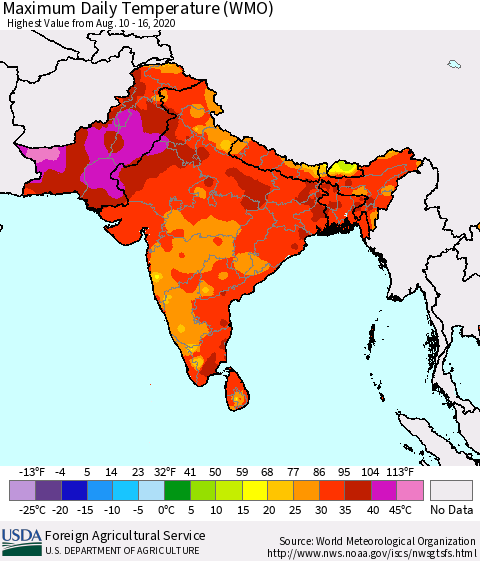 Southern Asia Extreme Maximum Temperature (WMO) Thematic Map For 8/10/2020 - 8/16/2020