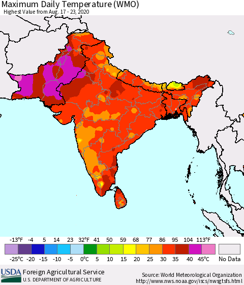 Southern Asia Extreme Maximum Temperature (WMO) Thematic Map For 8/17/2020 - 8/23/2020