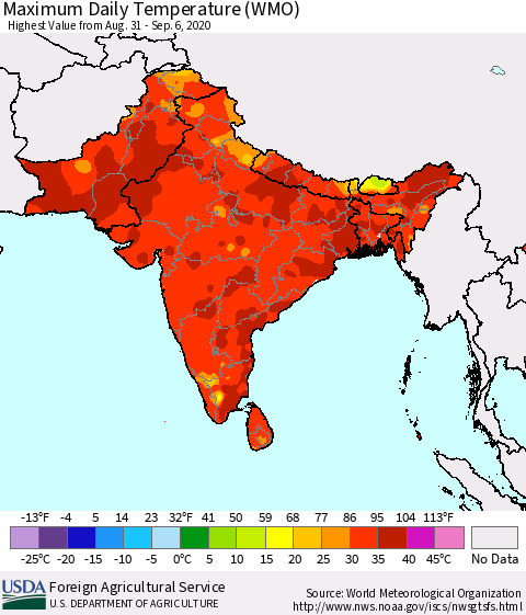 Southern Asia Maximum Daily Temperature (WMO) Thematic Map For 8/31/2020 - 9/6/2020