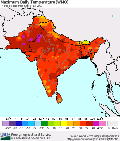 Southern Asia Maximum Daily Temperature (WMO) Thematic Map For 9/7/2020 - 9/13/2020