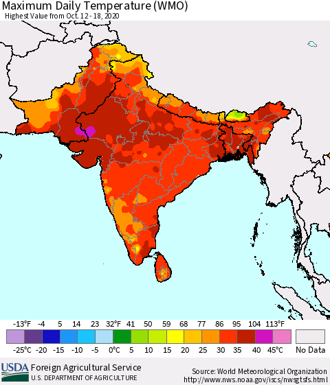 Southern Asia Extreme Maximum Temperature (WMO) Thematic Map For 10/12/2020 - 10/18/2020