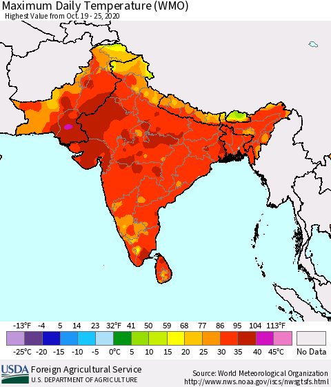 Southern Asia Extreme Maximum Temperature (WMO) Thematic Map For 10/19/2020 - 10/25/2020
