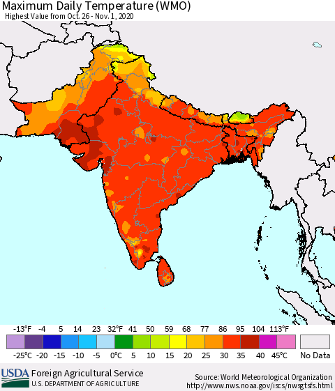 Southern Asia Maximum Daily Temperature (WMO) Thematic Map For 10/26/2020 - 11/1/2020