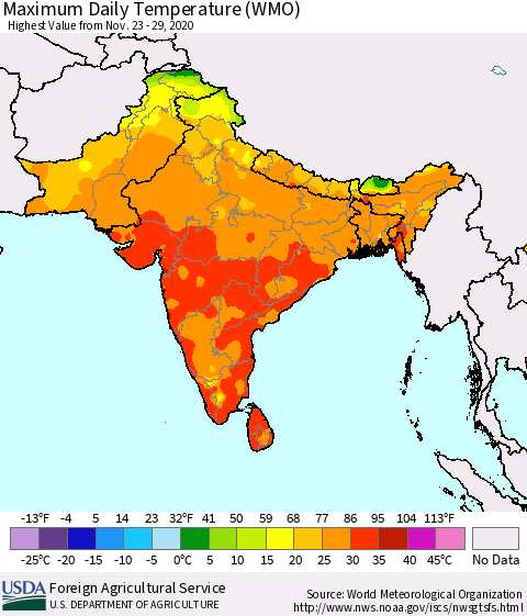 Southern Asia Maximum Daily Temperature (WMO) Thematic Map For 11/23/2020 - 11/29/2020
