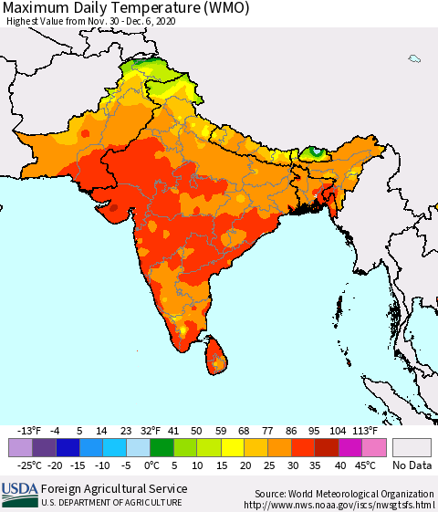 Southern Asia Maximum Daily Temperature (WMO) Thematic Map For 11/30/2020 - 12/6/2020