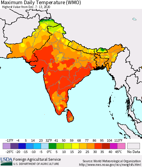 Southern Asia Maximum Daily Temperature (WMO) Thematic Map For 12/7/2020 - 12/13/2020