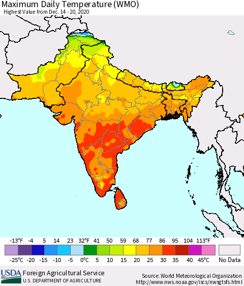 Southern Asia Maximum Daily Temperature (WMO) Thematic Map For 12/14/2020 - 12/20/2020