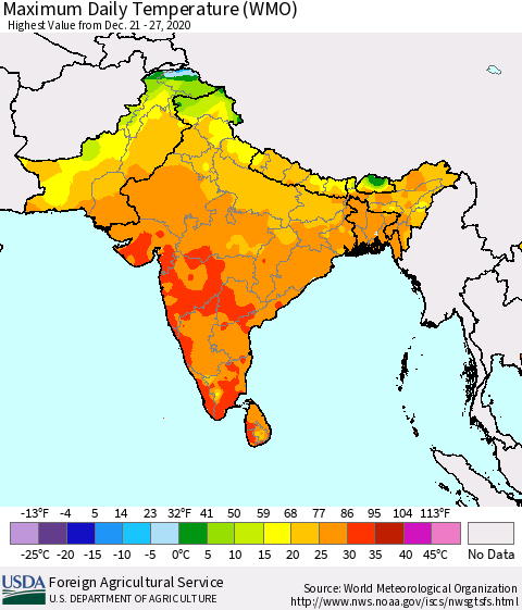 Southern Asia Maximum Daily Temperature (WMO) Thematic Map For 12/21/2020 - 12/27/2020