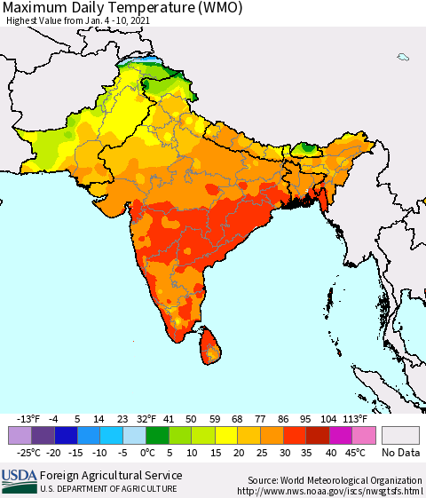 Southern Asia Maximum Daily Temperature (WMO) Thematic Map For 1/4/2021 - 1/10/2021