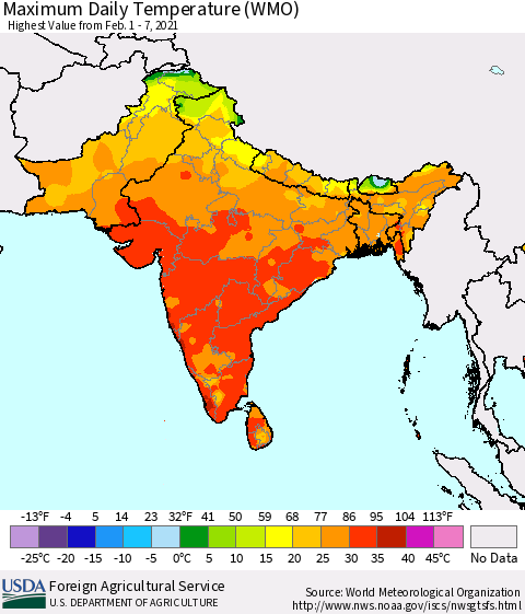 Southern Asia Maximum Daily Temperature (WMO) Thematic Map For 2/1/2021 - 2/7/2021