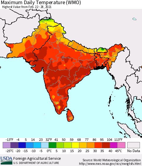 Southern Asia Maximum Daily Temperature (WMO) Thematic Map For 2/22/2021 - 2/28/2021