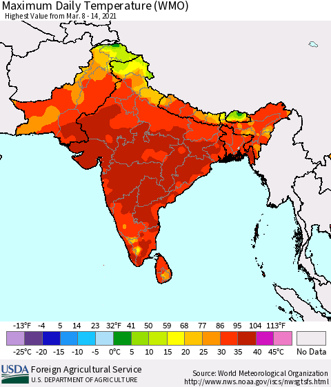 Southern Asia Maximum Daily Temperature (WMO) Thematic Map For 3/8/2021 - 3/14/2021
