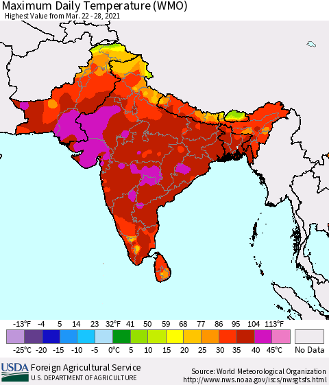 Southern Asia Maximum Daily Temperature (WMO) Thematic Map For 3/22/2021 - 3/28/2021