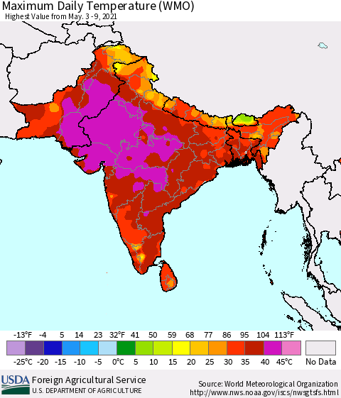 Southern Asia Maximum Daily Temperature (WMO) Thematic Map For 5/3/2021 - 5/9/2021