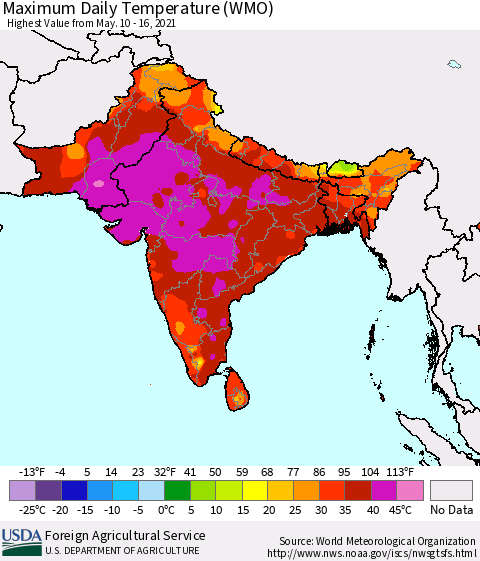 Southern Asia Maximum Daily Temperature (WMO) Thematic Map For 5/10/2021 - 5/16/2021