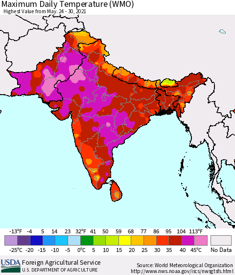 Southern Asia Maximum Daily Temperature (WMO) Thematic Map For 5/24/2021 - 5/30/2021