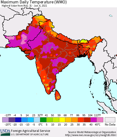 Southern Asia Maximum Daily Temperature (WMO) Thematic Map For 5/31/2021 - 6/6/2021