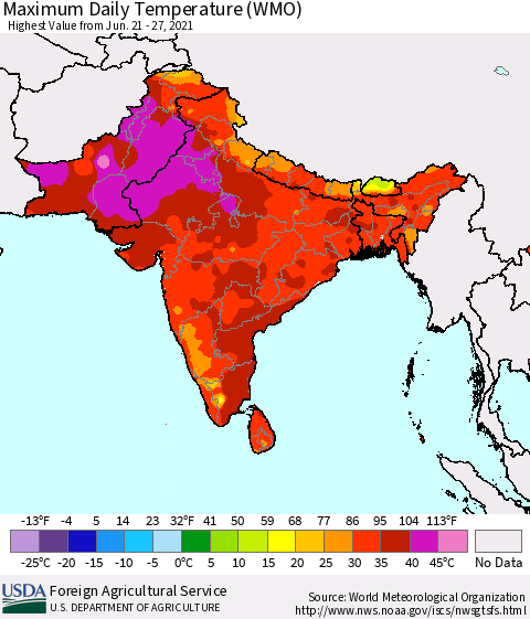 Southern Asia Maximum Daily Temperature (WMO) Thematic Map For 6/21/2021 - 6/27/2021