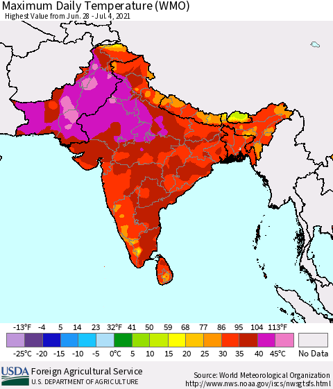 Southern Asia Maximum Daily Temperature (WMO) Thematic Map For 6/28/2021 - 7/4/2021
