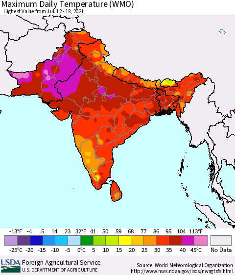 Southern Asia Maximum Daily Temperature (WMO) Thematic Map For 7/12/2021 - 7/18/2021