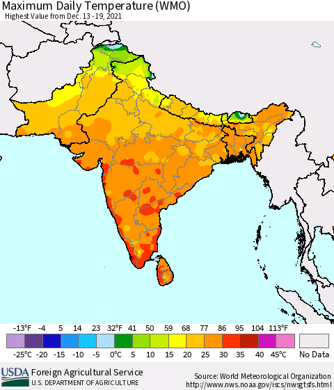 Southern Asia Extreme Maximum Temperature (WMO) Thematic Map For 12/13/2021 - 12/19/2021