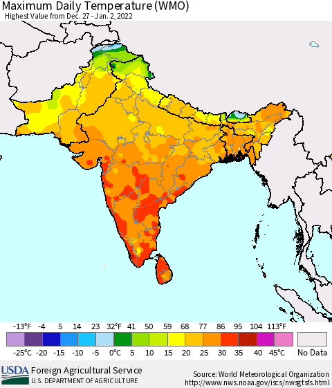 Southern Asia Extreme Maximum Temperature (WMO) Thematic Map For 12/27/2021 - 1/2/2022