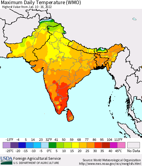 Southern Asia Maximum Daily Temperature (WMO) Thematic Map For 1/10/2022 - 1/16/2022