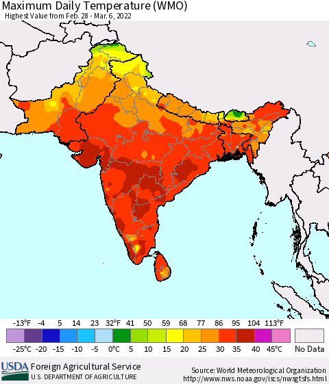 Southern Asia Maximum Daily Temperature (WMO) Thematic Map For 2/28/2022 - 3/6/2022