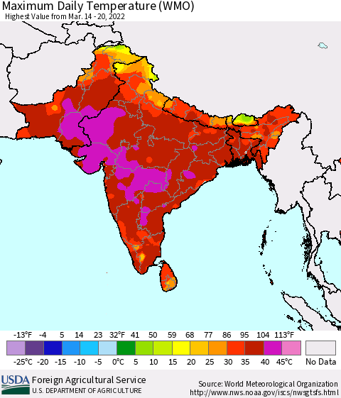 Southern Asia Maximum Daily Temperature (WMO) Thematic Map For 3/14/2022 - 3/20/2022