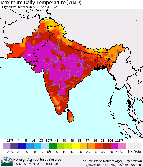 Southern Asia Maximum Daily Temperature (WMO) Thematic Map For 3/28/2022 - 4/3/2022