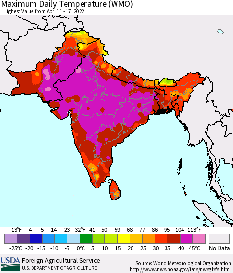 Southern Asia Maximum Daily Temperature (WMO) Thematic Map For 4/11/2022 - 4/17/2022