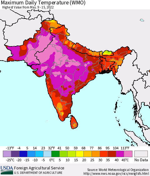 Southern Asia Maximum Daily Temperature (WMO) Thematic Map For 5/9/2022 - 5/15/2022