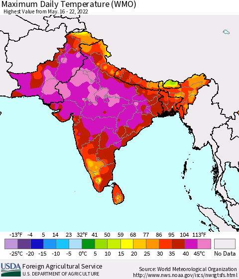 Southern Asia Maximum Daily Temperature (WMO) Thematic Map For 5/16/2022 - 5/22/2022
