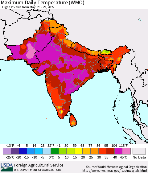 Southern Asia Extreme Maximum Temperature (WMO) Thematic Map For 5/23/2022 - 5/29/2022