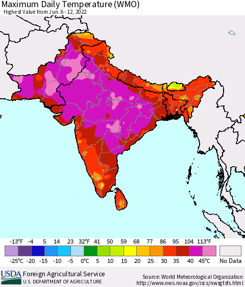 Southern Asia Extreme Maximum Temperature (WMO) Thematic Map For 6/6/2022 - 6/12/2022
