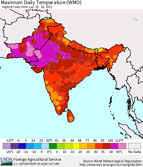 Southern Asia Maximum Daily Temperature (WMO) Thematic Map For 6/20/2022 - 6/26/2022