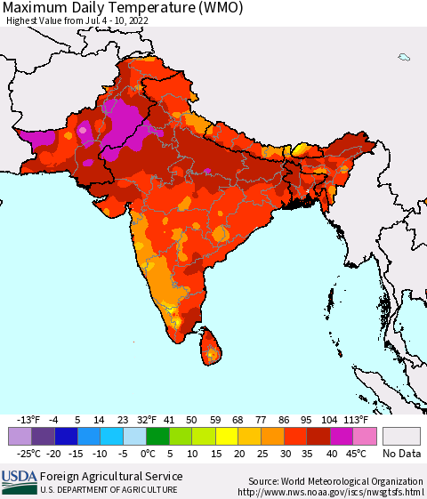 Southern Asia Maximum Daily Temperature (WMO) Thematic Map For 7/4/2022 - 7/10/2022