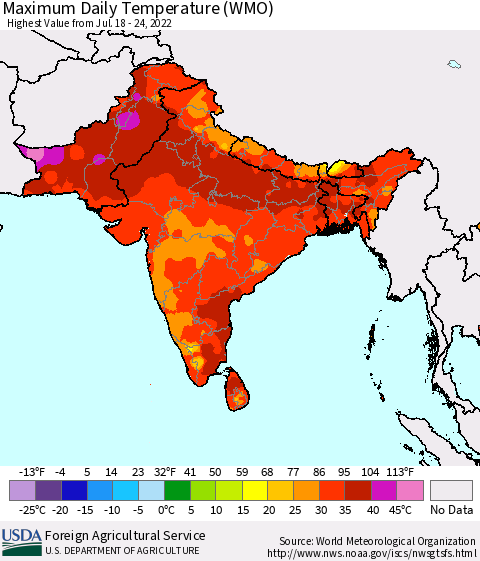 Southern Asia Maximum Daily Temperature (WMO) Thematic Map For 7/18/2022 - 7/24/2022