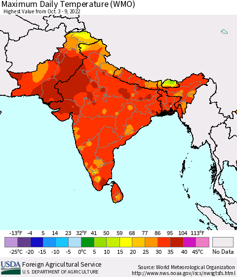 Southern Asia Maximum Daily Temperature (WMO) Thematic Map For 10/3/2022 - 10/9/2022