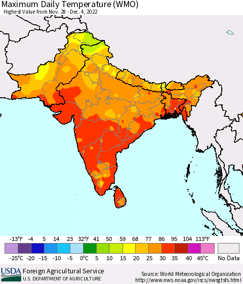 Southern Asia Maximum Daily Temperature (WMO) Thematic Map For 11/28/2022 - 12/4/2022