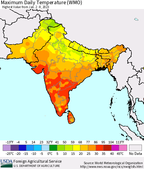 Southern Asia Maximum Daily Temperature (WMO) Thematic Map For 1/2/2023 - 1/8/2023