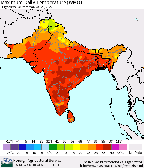 Southern Asia Maximum Daily Temperature (WMO) Thematic Map For 3/20/2023 - 3/26/2023