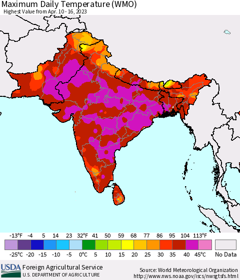 Southern Asia Maximum Daily Temperature (WMO) Thematic Map For 4/10/2023 - 4/16/2023