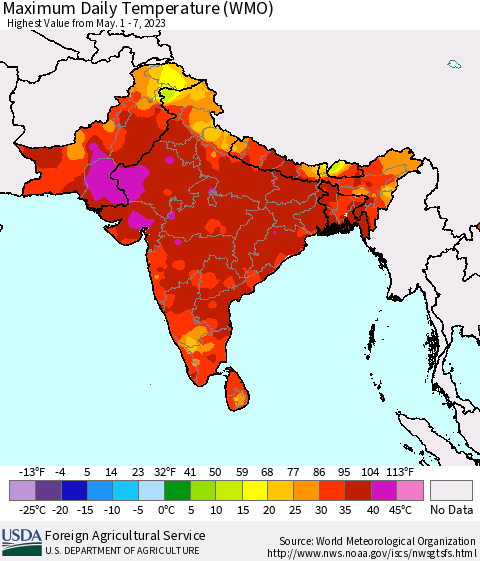 Southern Asia Maximum Daily Temperature (WMO) Thematic Map For 5/1/2023 - 5/7/2023