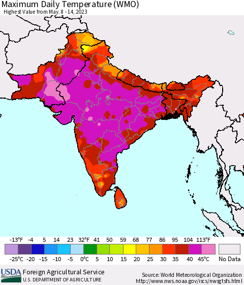 Southern Asia Maximum Daily Temperature (WMO) Thematic Map For 5/8/2023 - 5/14/2023