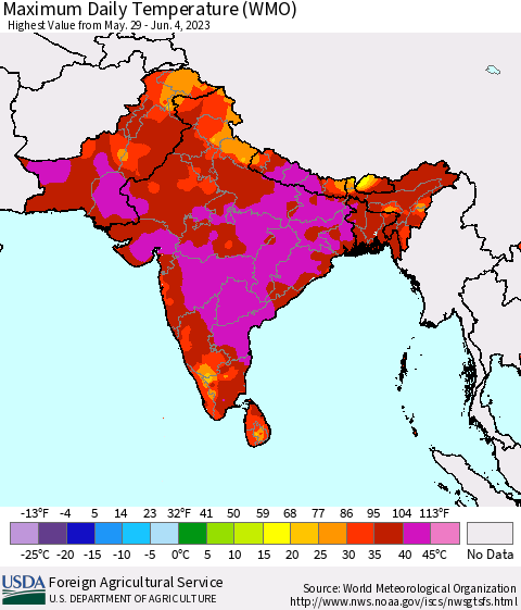 Southern Asia Maximum Daily Temperature (WMO) Thematic Map For 5/29/2023 - 6/4/2023