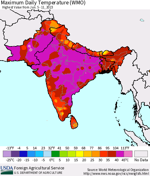 Southern Asia Maximum Daily Temperature (WMO) Thematic Map For 6/5/2023 - 6/11/2023
